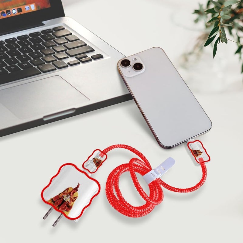 WIRESTER Cable Charger Cover Set (5 in 1) for 18W/20W USB-C Charger Cable, Data Line Saver Cable Case Protector Compatible with iPhone 11 12 13 14 15 Pro Max Adapter Charger - Cochin Chicken - Image 5